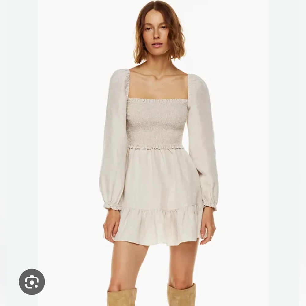 Cream Smocked Linen Long Sleeve Dress